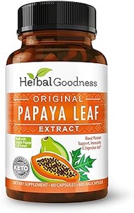Papaya Leaf Extract - SuperFruit Natural Blood Platelet Boost, Bone Marrow Support, Immune Gut &amp; Digestive Enzymes Health - 10:1 Strength - 60/600mg Veggie Capsules - Made in USA by Herbal Goodness