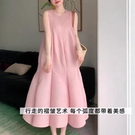 Miyake Pink Flower Bud Long Dress Loose And Slimming Pleated Dress Seaside Vacation Sleeveless Vest 