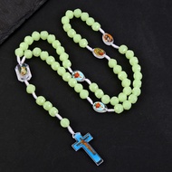 Glow in Dark Rosary Necklace with Cross - 10mm Catholic Prayer Beads, Baptism Gift