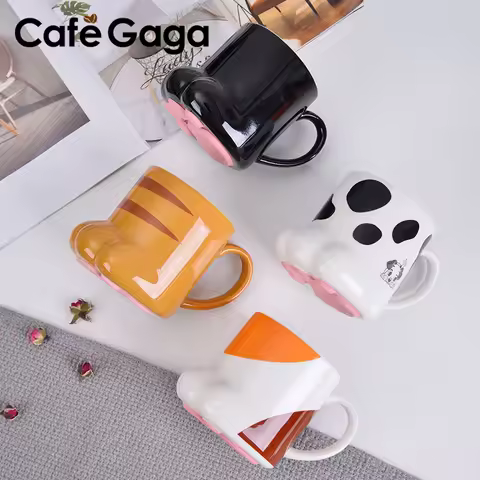 Cute Cat Paw Mug Coffee Mug Cartoon 3D Cat Claw Ceramic Drinkware with Lid Milk Breakfast Oatmeal Cu