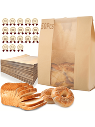 25/50個烘焙用紙袋，附有透明窗口和免費貼紙 - 理想的麵包，吐司，可頌，餅乾和零食包裝