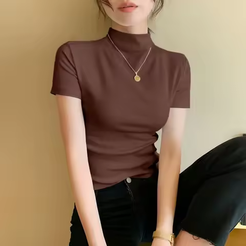 Women's Beige Turtleneck Short Sleeve Top Slim Fit Ribbed Casual Basic Blouse