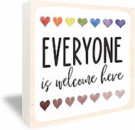 Colorful Heart Wooden Box Sign, Everyone Is Welcome Here, 6X6 Inch Inspirational Desk Decor For Clas