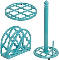 Cast Iron Kitchen Pantry Ware Bundle (3-Piece Set) Turquoise | Includes Paper Towel Holder, Napkin Holder, Trivet for Hot Pots and Pans | Lattice Collection | by Home Basics