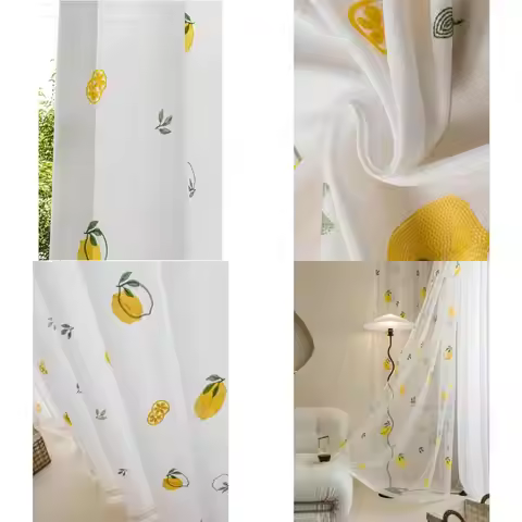 Lemon Patterned White Sheer Curtain with Opaque Yarn for Bedroom, Door or Balcony (250cm Width x 200