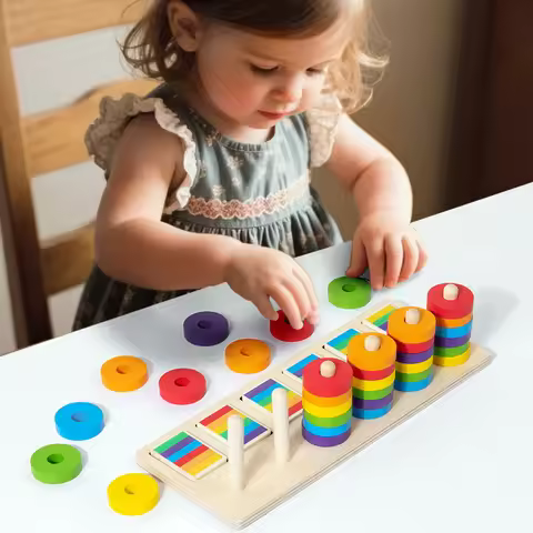 Montessori Memory Training Color Matching Game Wooden Rainbow Ring Set Colors Sorting Logical Thinki