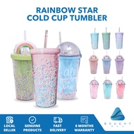 Rainbow Star Cold Cup Tumbler – Double Layer Plastic, Reusable 550ml with Straw
