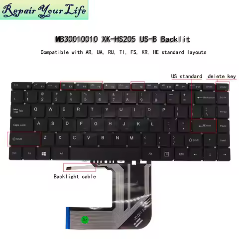 US Backlit Keyboard for BMAX Y13 MaxBook 13.3 Laptop, United States MB30010010 XK-HS205 USA Keyboard
