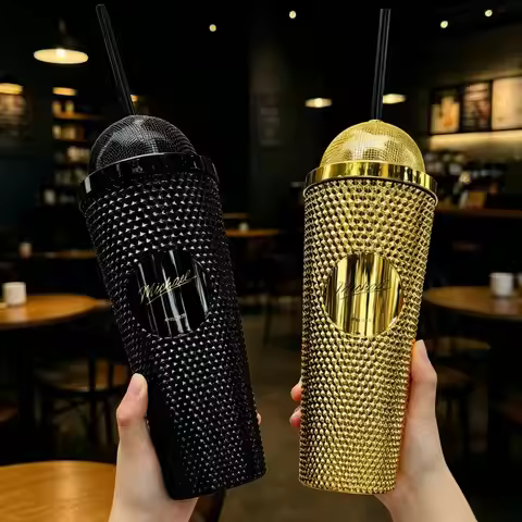 Hot Michael Rhine Stone Tumbler Creative Straw Bling Drinking Cup Fedora Hat Microphone Shape Collec