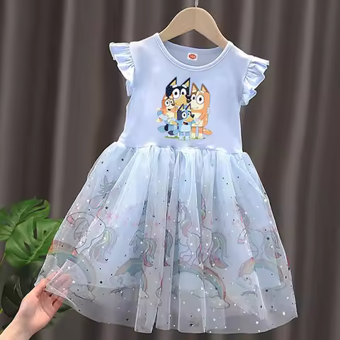 Cartoon Bluey Summer Girls Dress Kawaii Anime Fashion Round Collar Children Party Costume Cute Princ