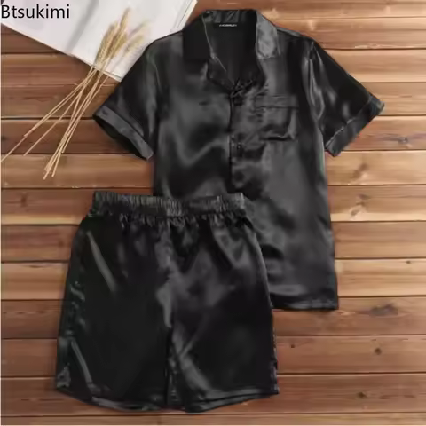 New 2026 Men's Summer 2PCS Pajamas Suits Sets Satin Silk Short Sleeve Sleepwear Nightwear Homewear T