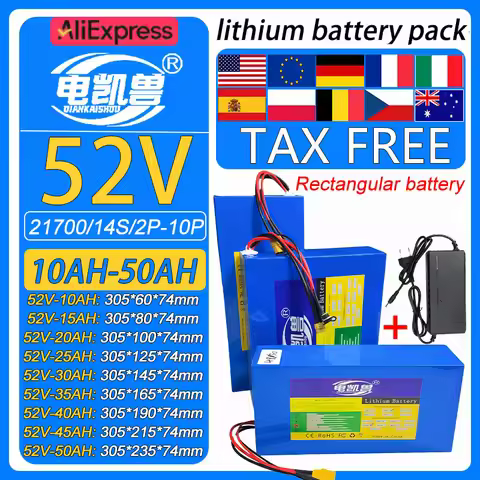 21700 14s Lithium battery pack 52V 50Ah 45Ah 40Ah 35Ah 30Ah 25Ah 20Ah 15Ah 10Ah Built in 30A/40A BMS