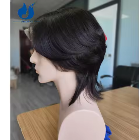 Amethyst Pre Styled Men's Mullet Wig Wolf Cut Natural Wave Layers Middle Part Remy Human Hair Short 