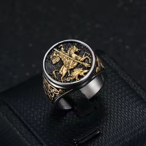 Men's Stainless Steel Vacuum Gold-Plated Saint George Dragon Slayer Knight Ring - Classic Armor Desi