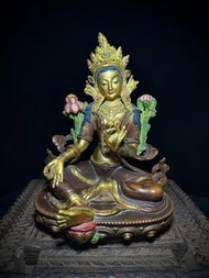 銅鎏金老綠度母佛像 高20厘米，重2115克，絕美開臉老綠度母，銅質厚重壓手，細