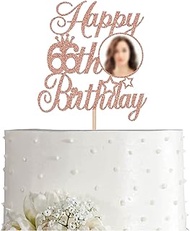 Rose Gold 66 Photo Birthday Cake Topper, Glitter Women Happy 66th Birthday Decoration With Photo Fra