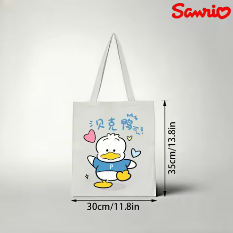 1pc Sanrio Pekkle Canvas Tote Bag, Cute Duck Print Casual Shoulder Bag, Eco-friendly Reusable Handba