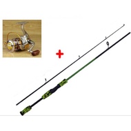 ชุดสปินนิ่งตีเหยื่อปลอม คันด้ามลายพรางสีเขียว6ฟุต2ท่อนพร้อมรอก yumoshi EF2000
