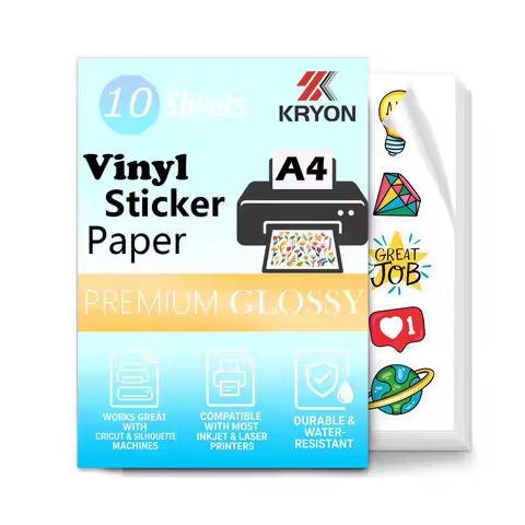 10 Sheets A4 Glossy Waterproof Vinyl Sticker Paper for Inkjet Printers, Self-Adhesive, 8.3 x 11.7 In