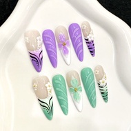 [5in1 Toolkit+HANDMADE]Press on Nails Mandarin Duck Purple Green Flower Pinching Hottie Phototherapy