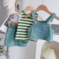 (LOLI-JKT) BS 790 SETELAN ANAK 3N1 ROMPI CELANA ROK JEANS DALAMAN GARIS HIJAU SIZE 90-150