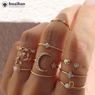 HUAIHAO 10Pcs Punk Bohemian Metal Ring Set Vintage Geometric Moon Star Snake Open Ring Fashion Jewel