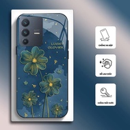 Case for VIVO V23 5G, V23E 5G Tempered glass, high quality GREEN FLOWER PATTERN