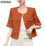 VONDA Women Korean Open Placket Buttons Webbing Short Sleeves Blazer