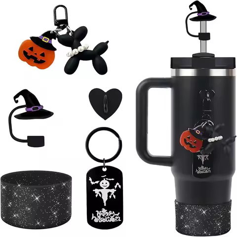 5pcs Halloween Cup Accessories Set for Stanley Tumbler Black Pearls Dog Witch Hat Straw Cover Cap Si