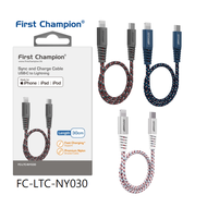 First Champion MFi 認證 USB-C 至 Lightning 充電傳輸線 -尼龍編織配鋁合金-30cm/ FC-LTC-NY030 顏色隨機
