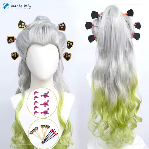 Anime Daki Cosplay Wig 100cm Long Grey Gradient Green Ponytail Daki Wigs Heat Resistant Synthetic Ha