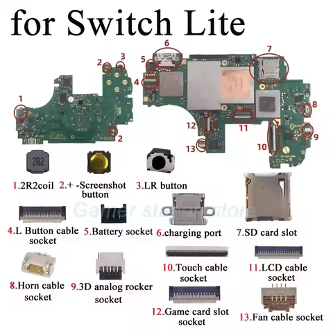 1-5PCS For Switch Lite Motherboard LCD Socket Game Card Slot Socket Touch Socket Horn Socket Battery