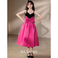 Girls' Rose Red Satin Dress Piano Competition Birthday Party Wedding Ceremony Flower Girl Dress Grad