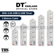 DT England 4 USB With TYPE C Charger and USB Timer Extension Socket 3 / 6 Metre Cable