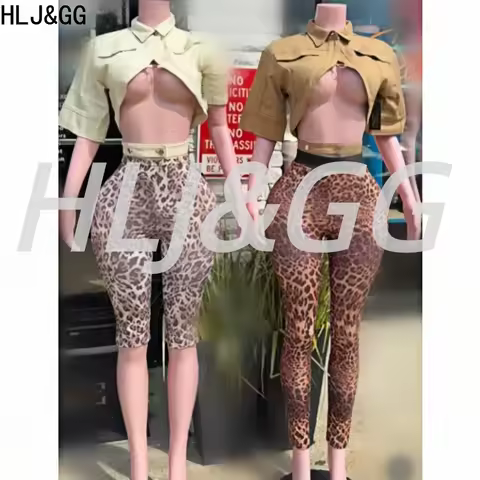 HLJ&GG Fashion Hollow Button Lapel Jacket Two Piece Sets Women Slim Crop Top + Leopard Skinny Pants 