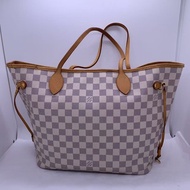 二手 lv neverfull 中號白棋盤格，包口手柄內里發黑磨損，包有異味