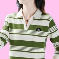[031 M-4XL/3 Colors] Autumn Striped Long-Sleeved T-Shirt Women's Western Style Lapel Polo Shirt Midd