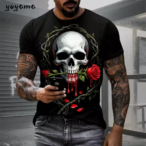 Men's Horror Skull Print T-Shirt Vintage 3D Print O-Neck Short Sleeve Hip Hop Top Men Designer Cloth
