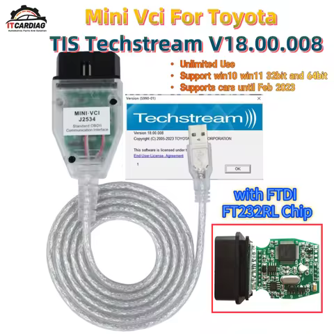 Mini Vci J2534 V18.00.008 for Toyota TIS Techstream FTDI FT232RL OBD-2 Diagnostic Cable DTC Firmware