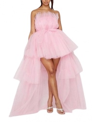 Women High Low Tulle Dress Strapless Solid Color Tiered Cocktail Party Dress Prom Gown