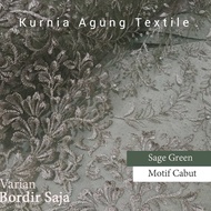 Kain Bordir Motif Cabut Warna SAGE GREEN Furing Satin Velvet by Roberto Cavali Per 0.5 Meter Bahan K