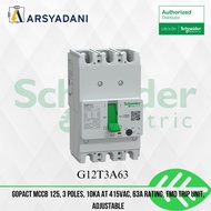 G12T3A63 - GoPact MCCB 125, 3 polish, 10kA at 415VAC, 63A rating, TMD trip unit, adjustable - Schnei