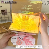 JULIEFASHION 3D Music Light Birthday Card Creative Pop Up Cake Lucky Money Red Envelope Greeting Car