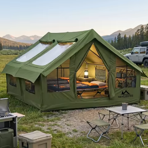 Inflatable Glamping Tent 6-8 Person with Skylight,4 Season Waterproof Blow up Tent with Canopy/Rainf
