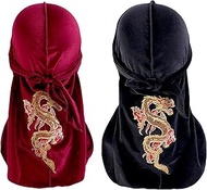 Unisex 2 Pieces Velvet Durag Hip-Hop Headscarf with Long Tail Wide Straps Elastic Pirate Costume Hat