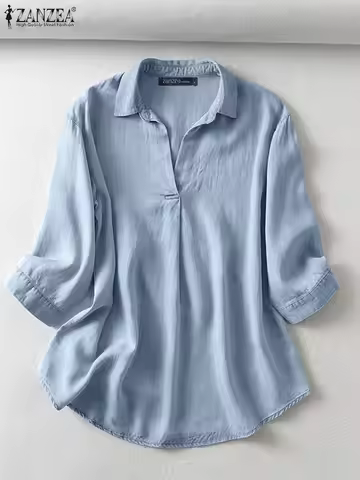 ZANZEA Women Summer V Neck 3/4 Sleeve Blouse Denim Blue Shirt Elegant Solid OL Work Tops Casual Loos