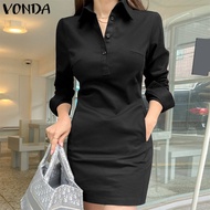 VONDA ชุดเดรสแฟชั่นของผู้หญิงคอเสื้ออเนกประสงค์ชุดกระโปรงแบบสั้นมินิทึบชุดเดรสทรงสวยชุดสีดำสำหรับโอก