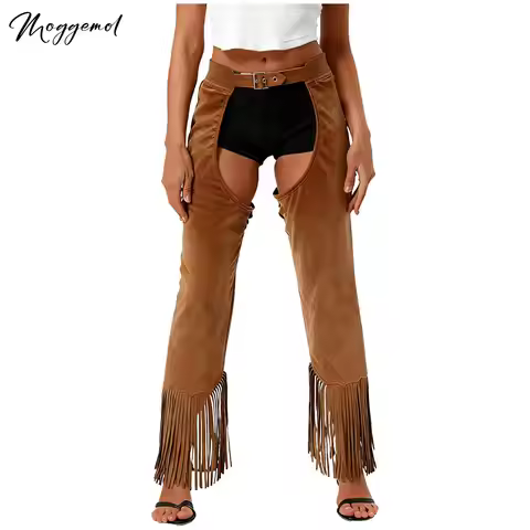 Chaps for Women Cowboy Cowgirl Western Adjustable Buckles Open Crotch Split Fringe Chaps Suede Assle