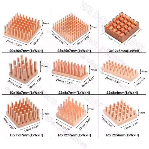 All Pure Copper Pin Fins Heatsink Cooler 20x20x7mm 25x25x7mm 30x20x7mm With Thermal Tape