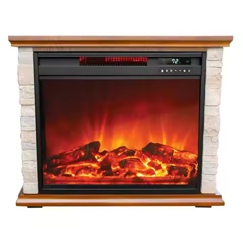 LifeSmart Electric Fireplace Heater w/ 3 Heating Elements, 1500W, Faux Stone & Oak Wood - Mounted In